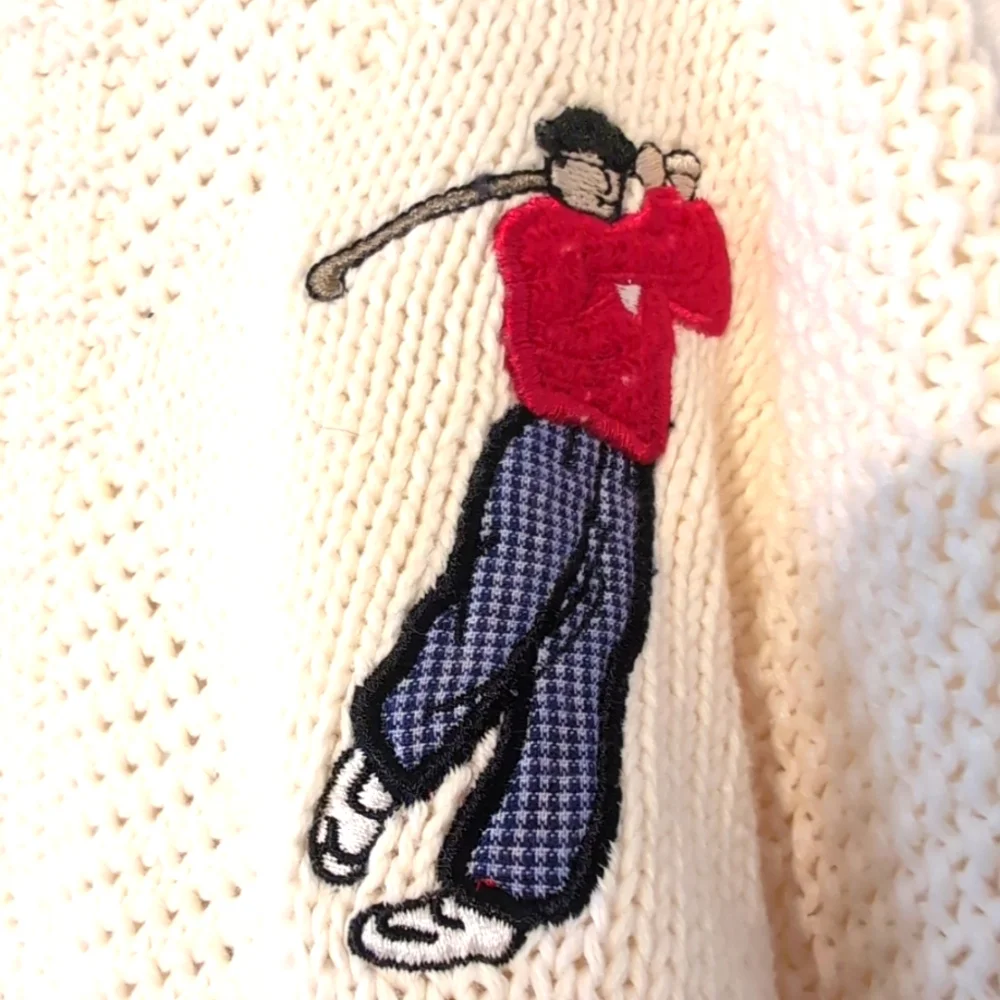 Hathaway Golf VTG Cotton‎ Cable Knit Men's Sweater Embroidered V-Neck Medium